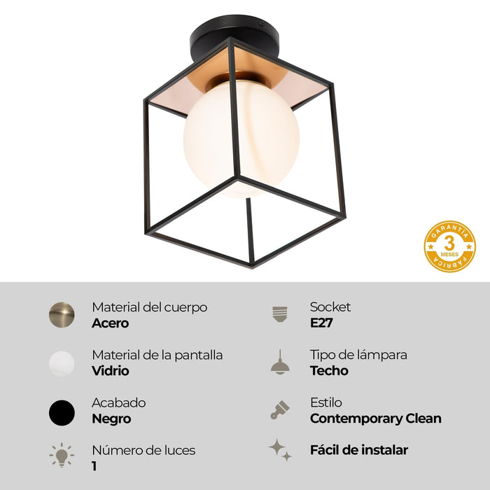 Lámpara de Techo Moderna Cubo Negro Mate Oro 40W E27 1 Luz