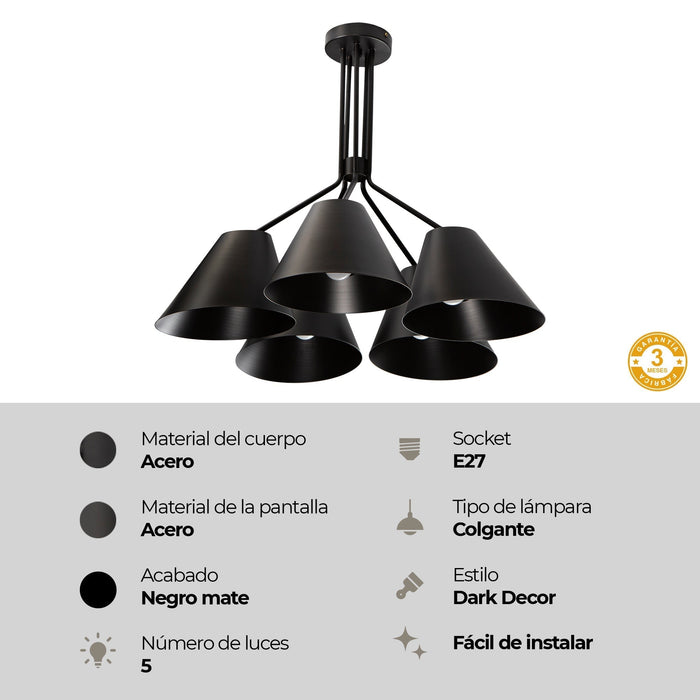 Lámpara Colgante Dark Decor Negro E27 60w 5 Luces