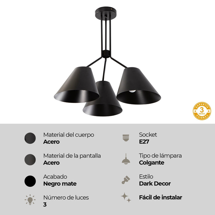 Lámpara Colgante Dark Decor Negro E27 60w 3 Luces