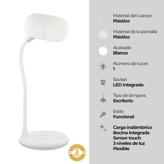 Lámpara de Escritorio LED, cargador Inalámbrico, Altavoz, Bluetooth, Regulable, Cambio de Color, 5w.