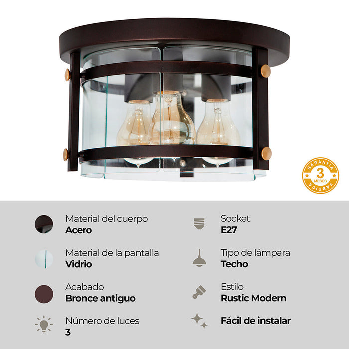Lámpara de Techo  Café y Dorado Acero 60W  E27 3 Luces