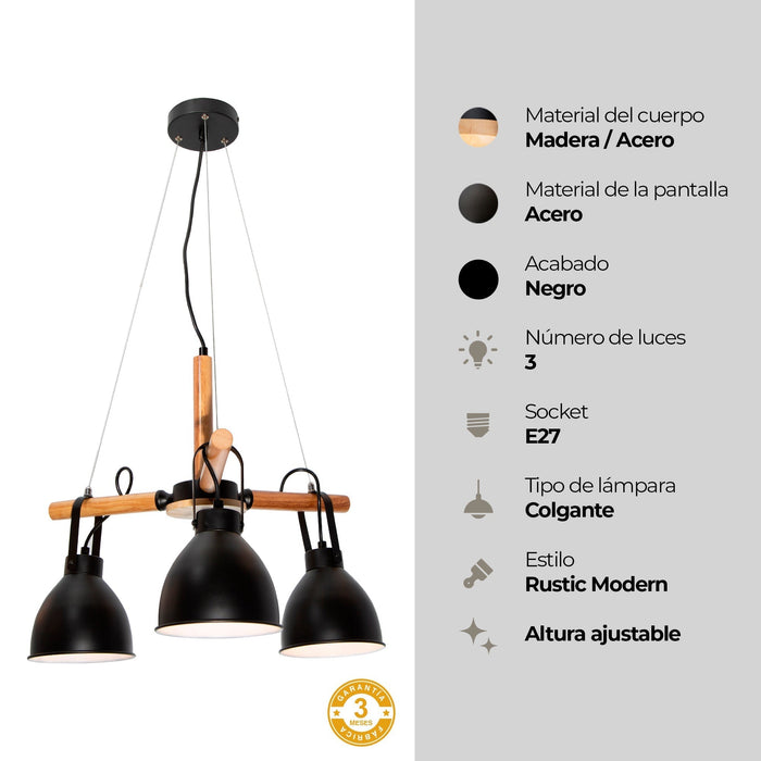 Lámpara Colgante Rustic Modern Negro Madera E27 60W 3 Luces