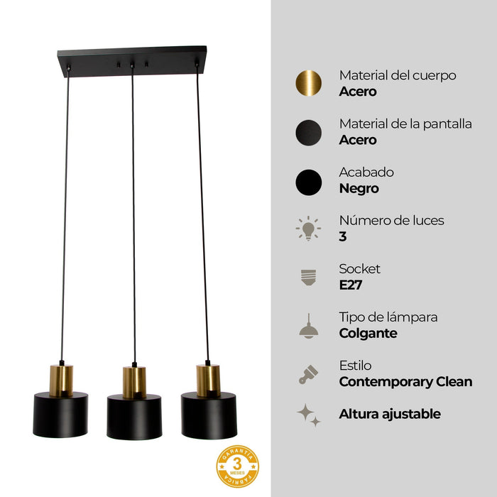Lámpara Colgante Moderno Negro y Dorado 60w E27 3 Luces