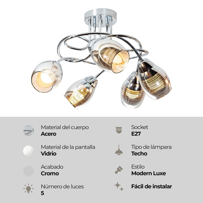 Lámpara Techo Cromo E27 40W 5 Luces