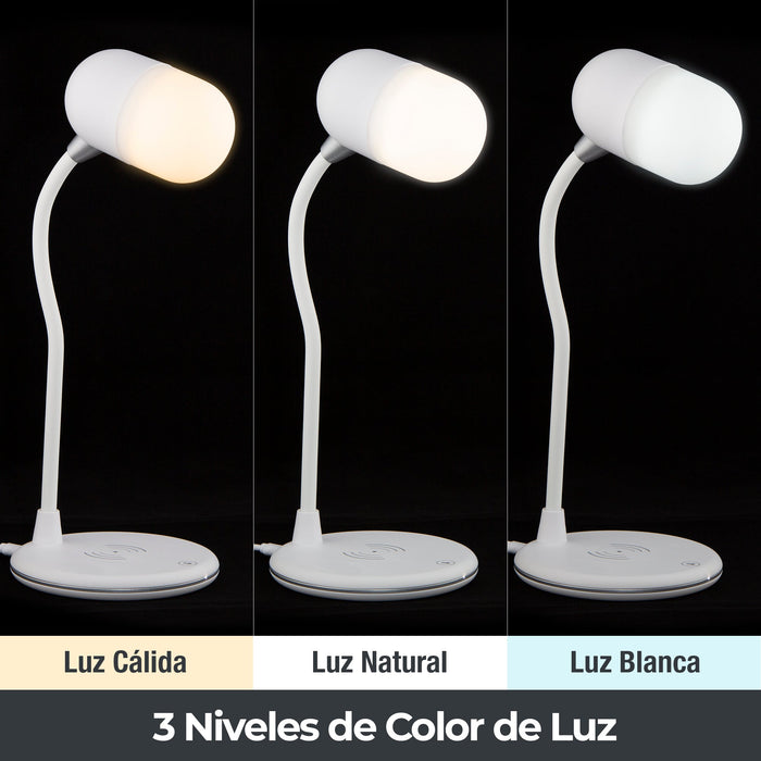 Lámpara de Escritorio LED, cargador Inalámbrico, Altavoz, Bluetooth, Regulable, Cambio de Color, 5w.