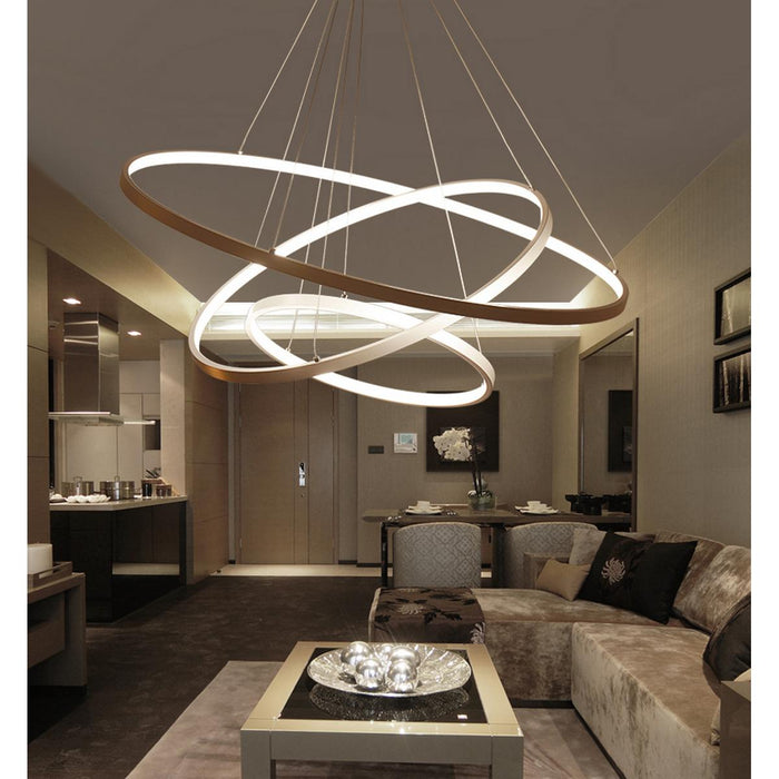 Lámpara colgante moderna con anillos circulares LED integrado, cuerpo de aluminio y acrílico.