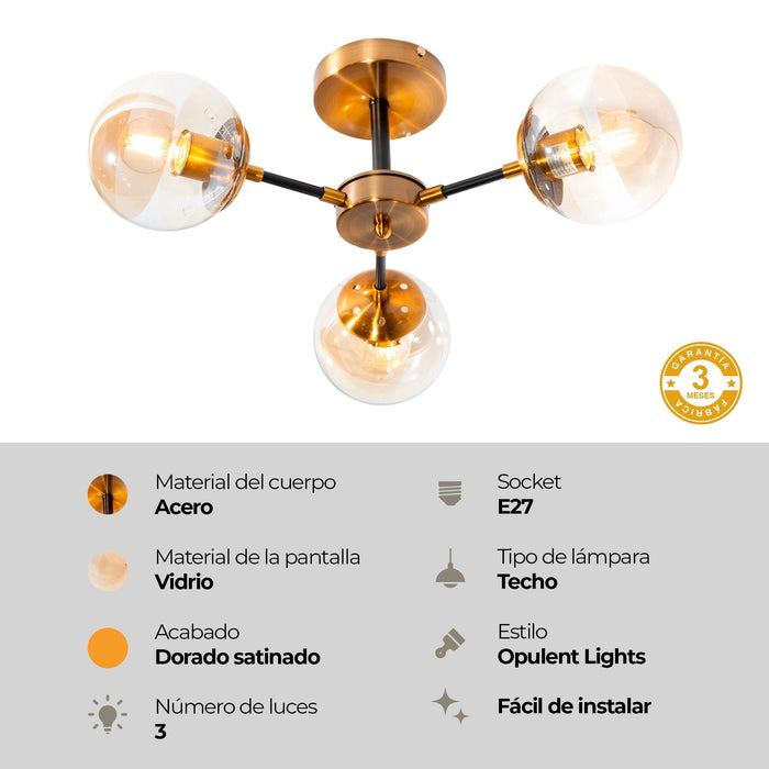 Lámpara de Techo Oro Satinado Ambar E27 40W 3 Luces