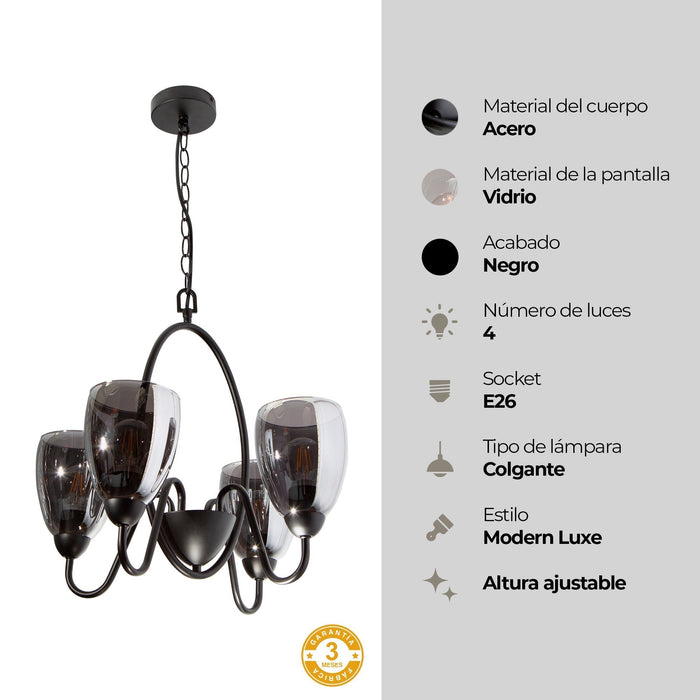 Lámpara Colgante  Negro Vidrio Ahumado 60W E26 4 Luces