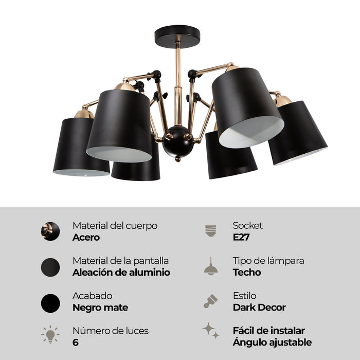 Lámpara de Techo Negro Oro Blanco Dark Decor E27 40W 6 Luces