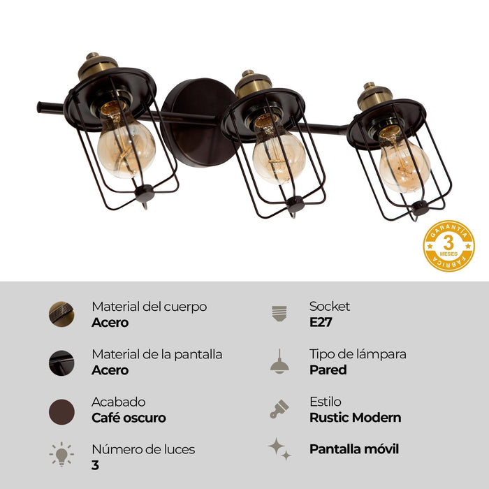 Lámpara de Pared Negro Oscuro Vanity de Baño 40w T45 3 Luces
