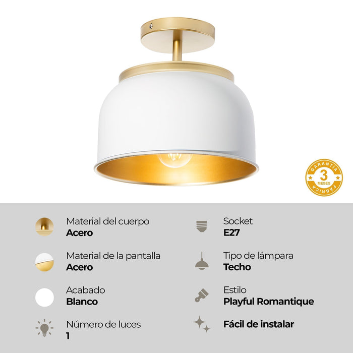 Lámpara de Techo Vintage Blanco Mate Oro 40W E27 1 Luz