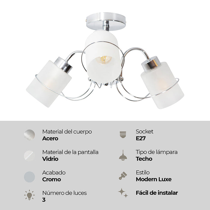 Lámpara Techo Cromo Vidrio Claro Modern Luxe E27 40W 3 Luces