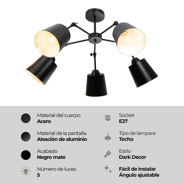 Lámpara de Techo Negro Mate Dark Decor E27 40W 5 Luces