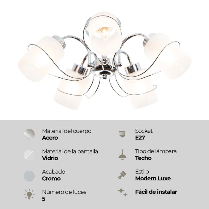 Lámpara Techo Cromo Vidrio Claro Modern Luxe E27 40W 5 Luces