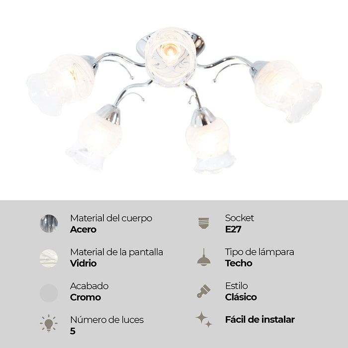 Lámpara de Techo Plata Cromo Clásico E27 40W 5 Luces