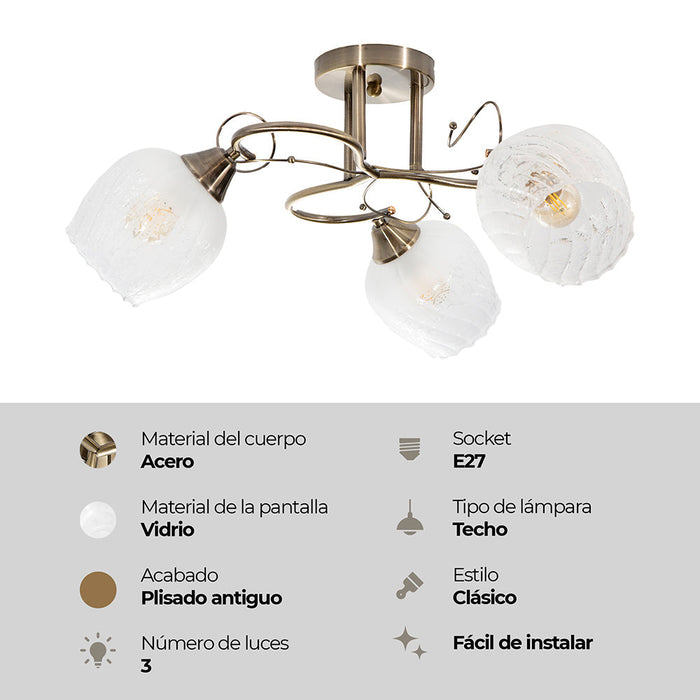 Lámpara de Techo Latón Antiguo Clásico E27 40W 3 Luces