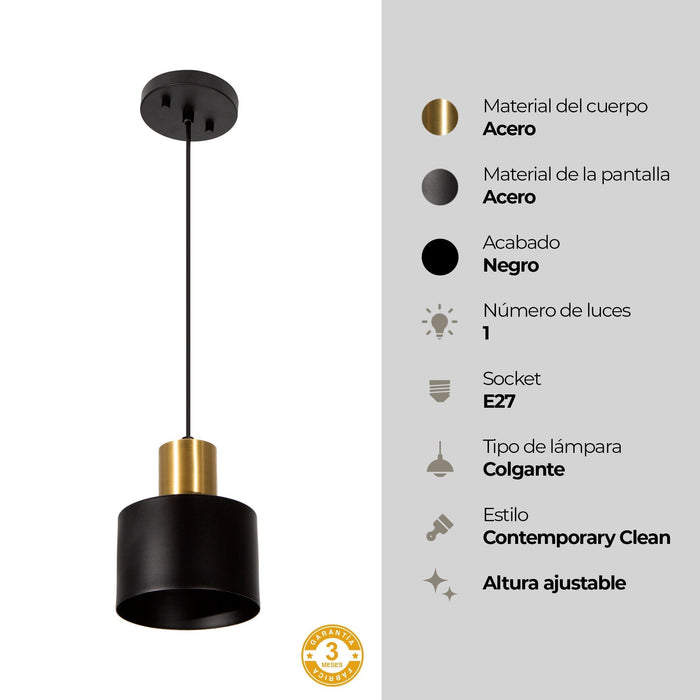 Lámpara Colgante  Vintage Negro Oro Satinado E27 60W 1 Luz
